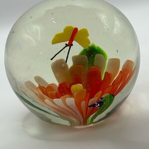 Vintage Paperweight Flower Butterfly Hand Blown Art Glass Grandmacore  3 in